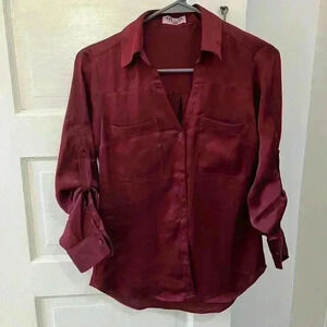 Express portifino red,‎ shiny silk long sleeve shirt
